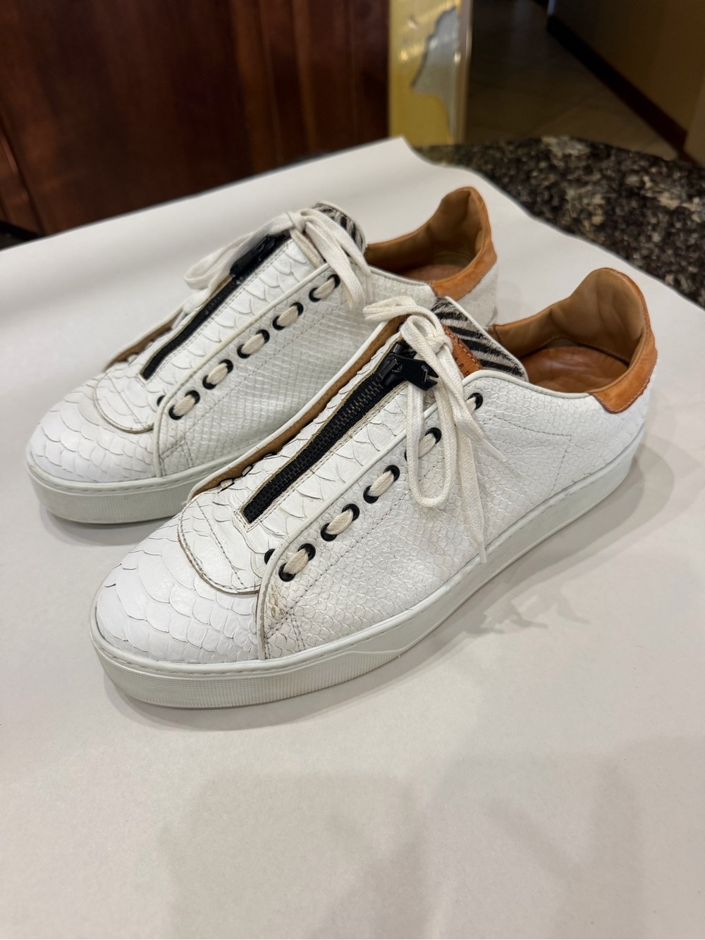 Fabrice Tardieu White Leather Python Zebra Sneakers Size 43.5